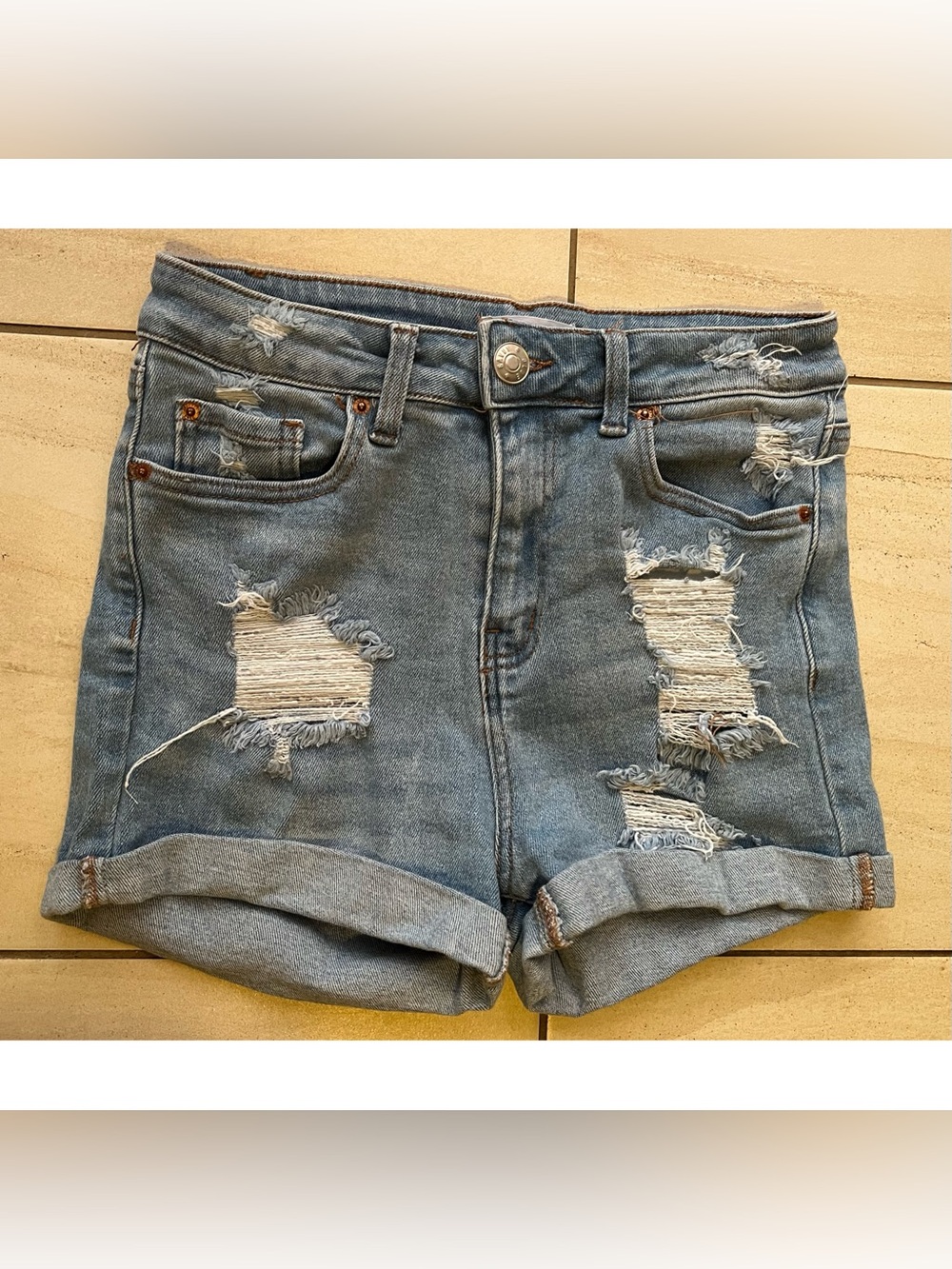 Women's Light Blue Distressed Rolled-Hem Denim Shorts